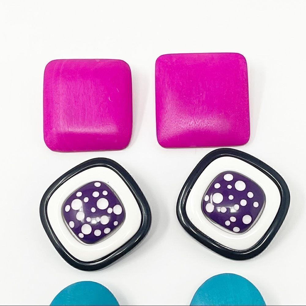 Vintage Costume Jewelry Wood Pink Teal Plastic Black Purple Lot of Earrings - Picture 2 of 5